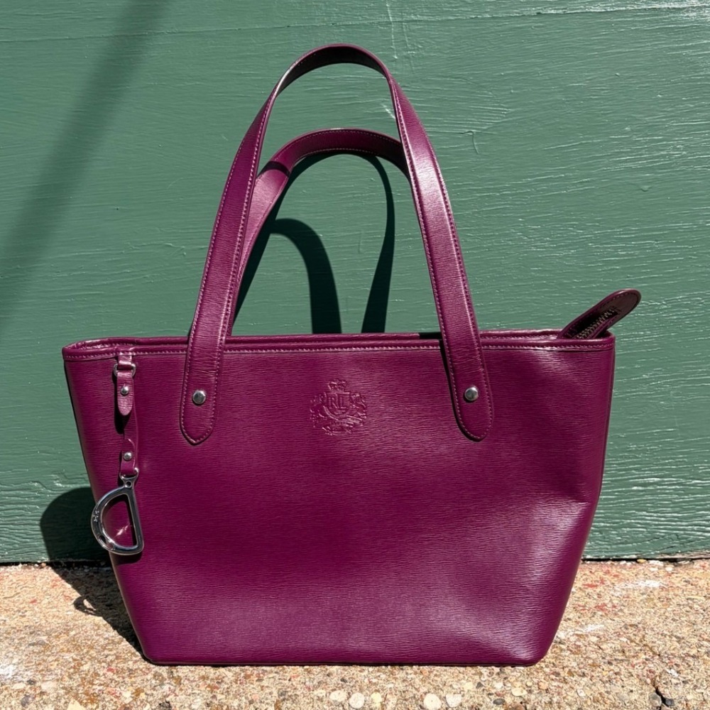 Ralph Lauren Purple Textured Leather Tote Bag Medium Logo Bag Charm Preppy